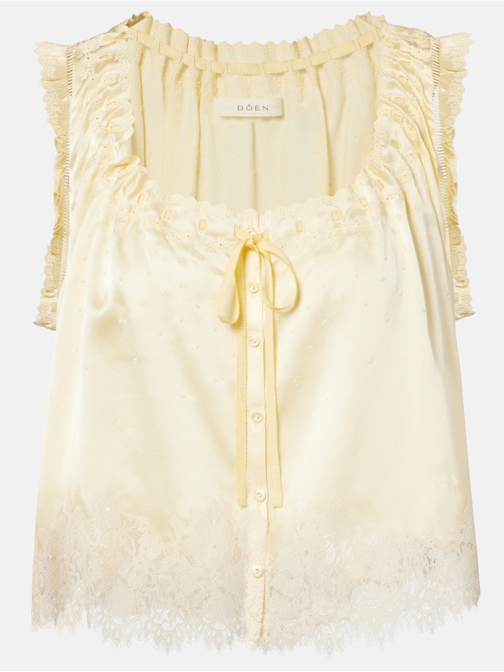 DOEN Dôen Toulouse lace-trimmed embroidered silk top in yellow